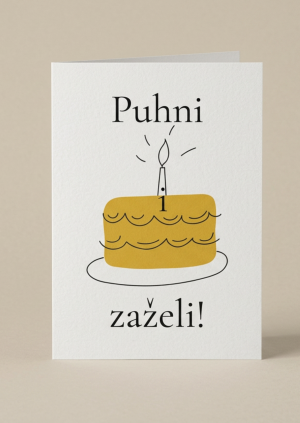 Rođendanska čestitka Puhni i zaželi s ilustracijom žute torte i svjećice