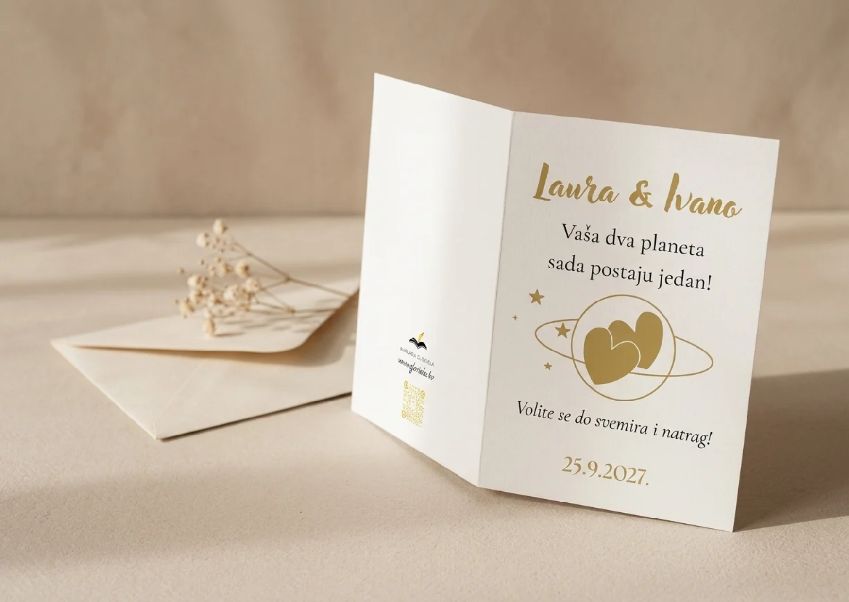 Čestitka za vjenčanje – Vaša dva planeta- prednja i stražnja strana