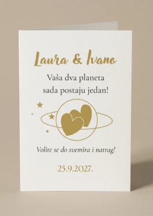 Personalizirana čestitka za vjenčanje s imenima Laura i Ivano, zlatnim srcima, orbitama i datumom